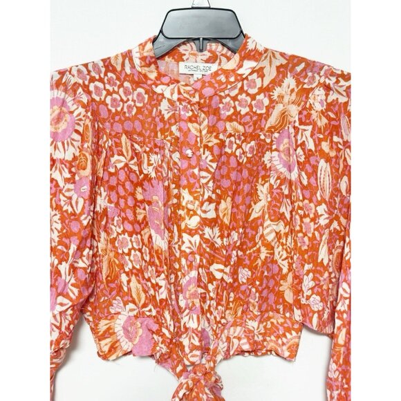 Rachel Zoe Pink Orange Floral Button Up Waist Crop Top Flounce Sleeve Blouse - Picture 8 of 10